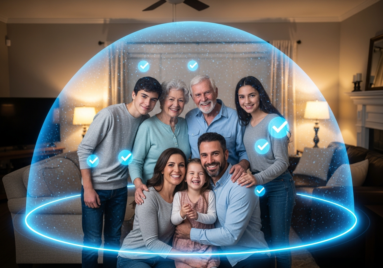 Family gathered around a tablet learning about Safe Phrase